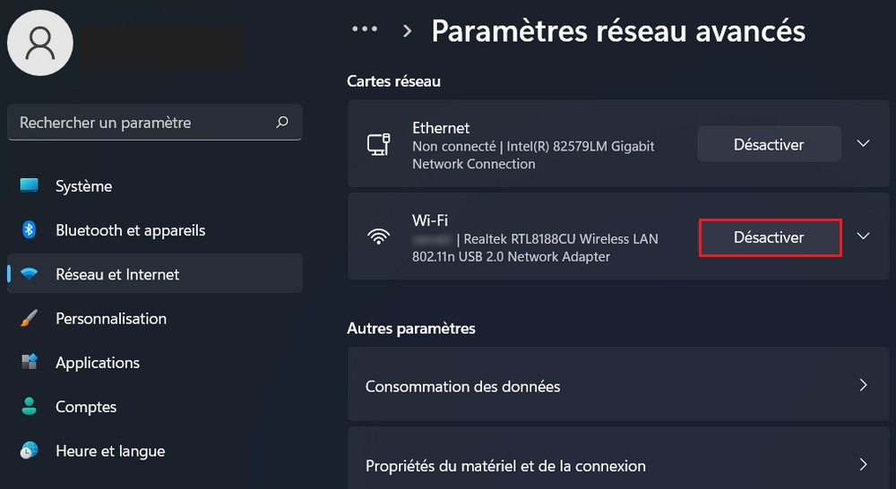 Disable network card in Windows 11