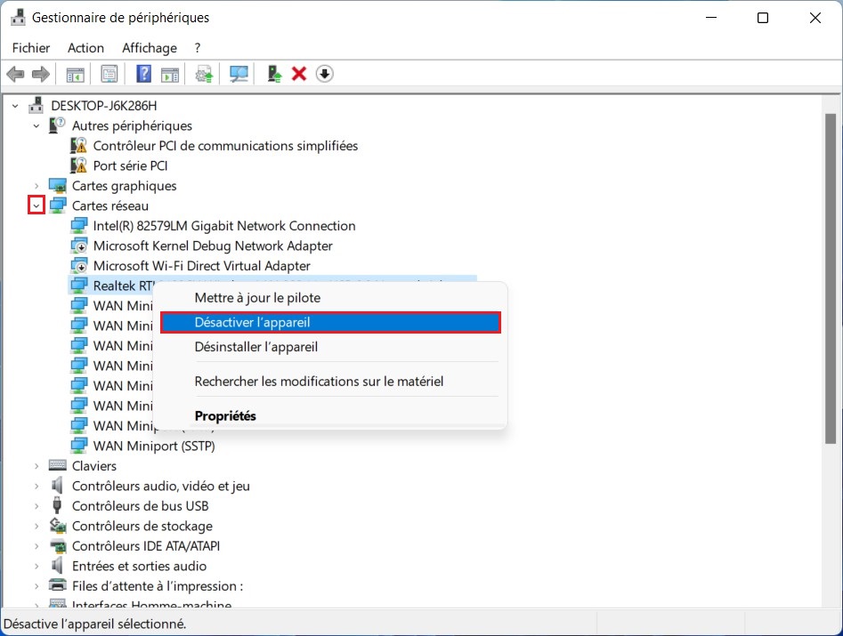 Disable the network adapter in Windows 11