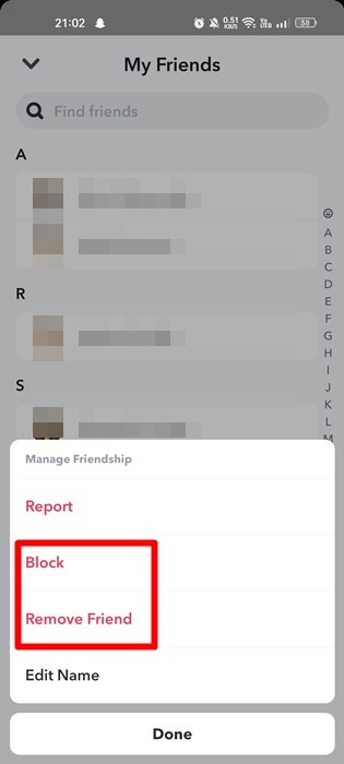 Select the option to remove the friend
