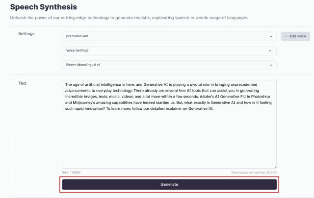 generate text to speech on elevenlabs