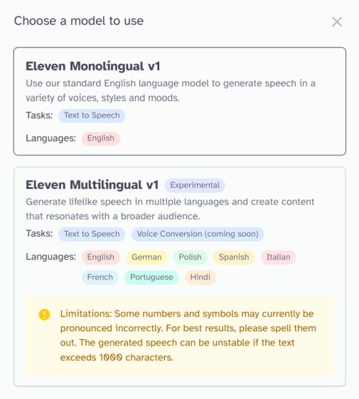 choose model on elevenlabs