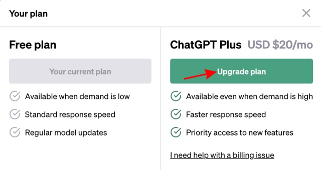 A screenshot showing ChatGPT upgrade plan button 