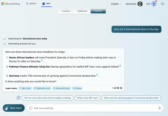 A screenshot showing MS Bing Chat