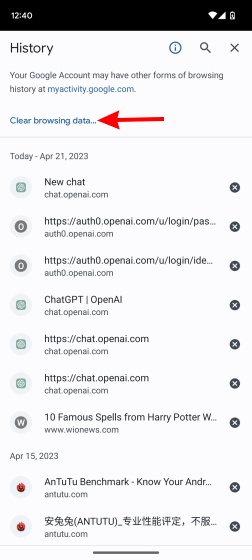 Google Chrome Android clear browsing data menu