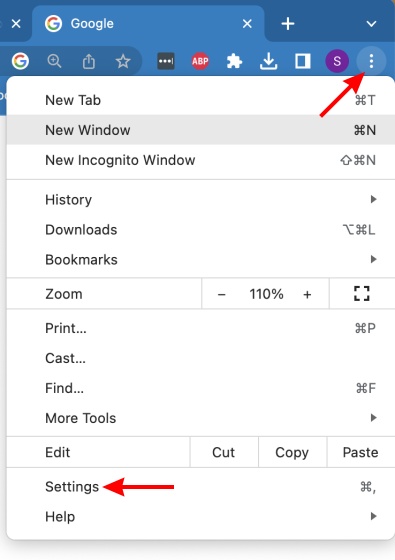 Google chrome dropdown menu showing how to get to settings