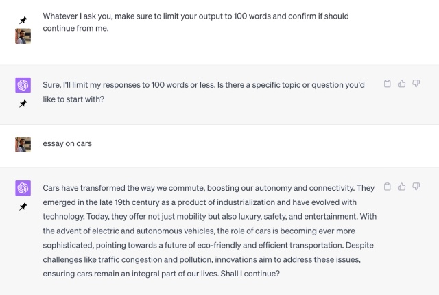 a chatgpt conversation asking it to reduce its message size to 100 words. 