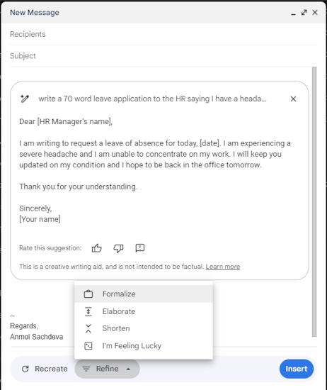 refine email using ai tool in gmail