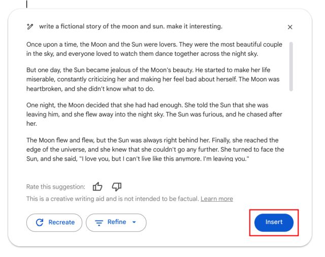 insert the generated text in google docs