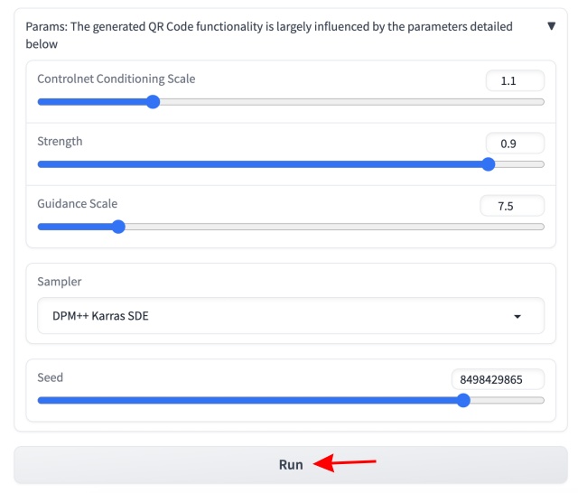 A screenshot showing the run button for the AI QR code generator 