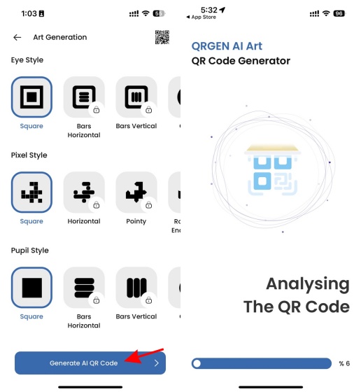  A screenshot showing the generate AI QR code button and the waiting screen