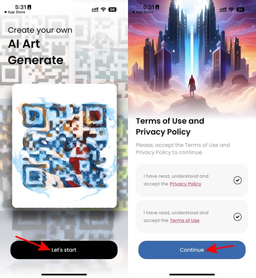Screenshots showing how to start the QRGen App and Accept Terms of Use