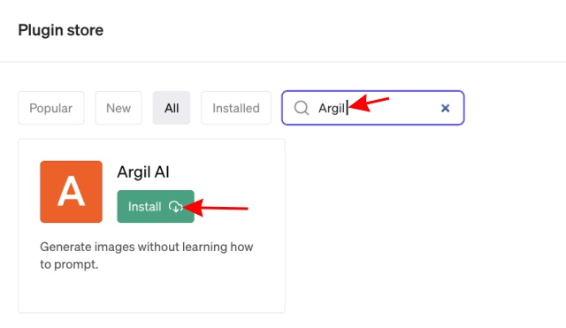 A screenshot showing how to install Argil AI on ChatGPT 