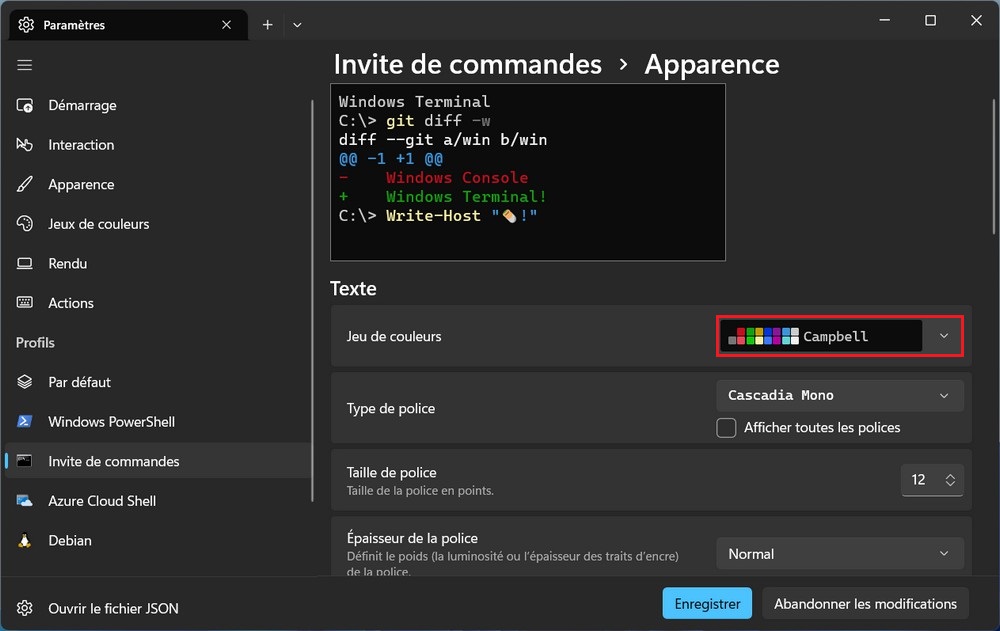 The color scheme for the Windows Terminal profile