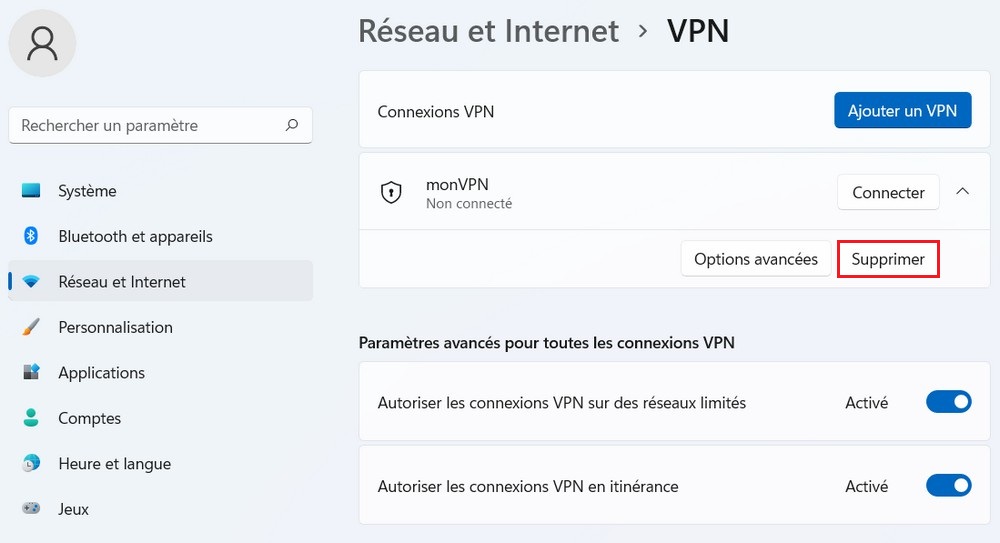 Delete the VPN connection