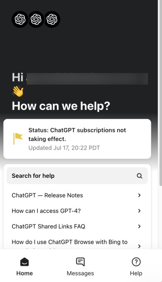 A screenshot showing OpenAI support 