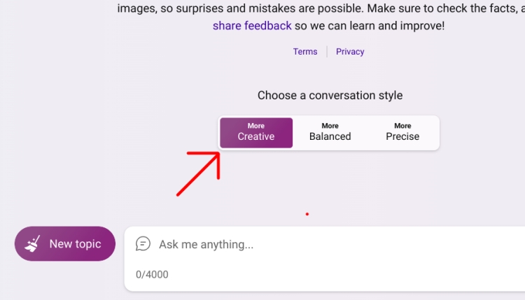 choose creative mode in bing chat