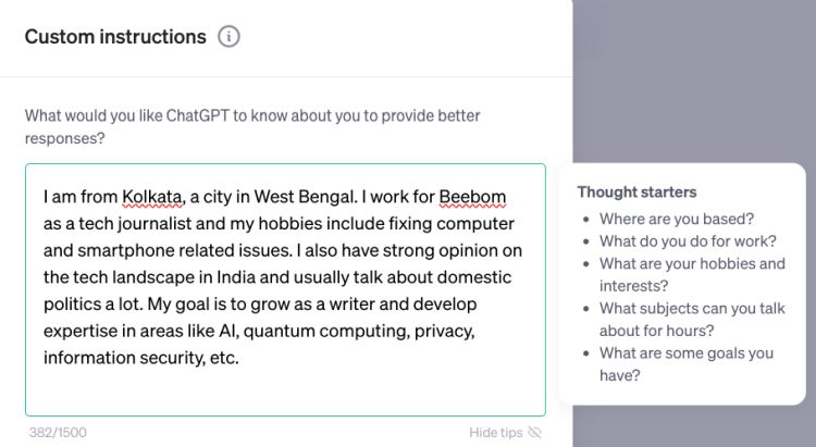 add information about yourself in chatgpt custom instructions