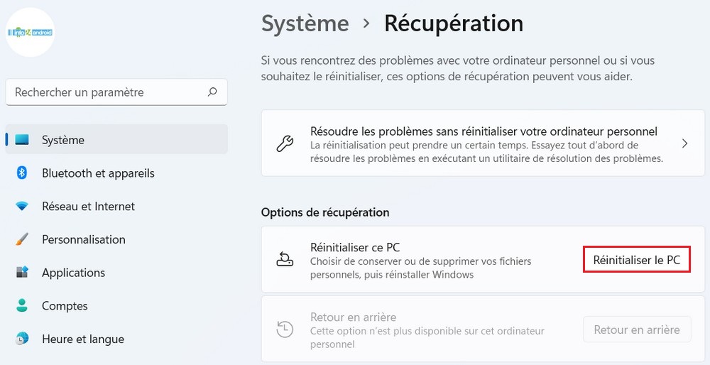 Réinitialiser le PC