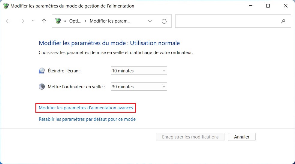 Modifier les paramètres d'alimentation avancés