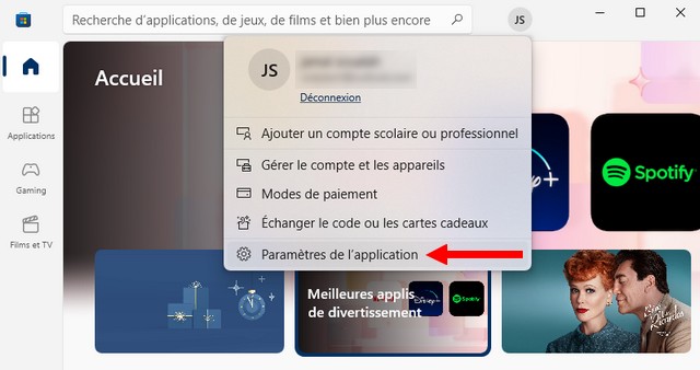 Cliquez sur Paramètres de l'application