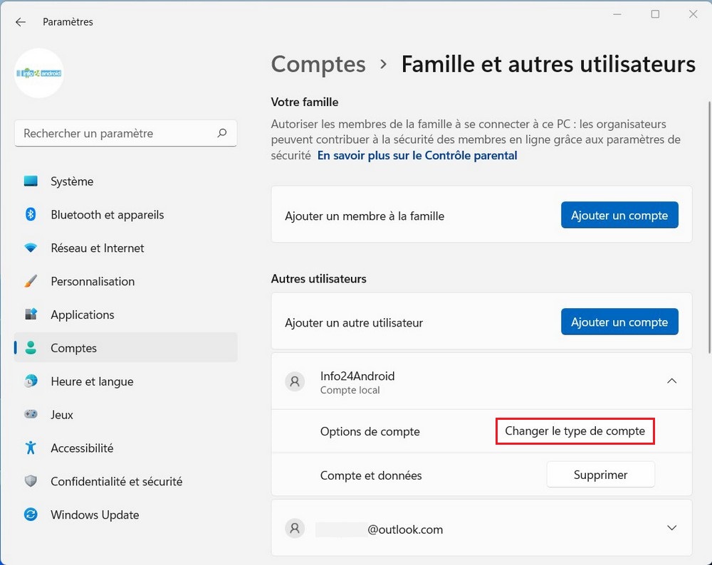 Changer le type de compte Windows 11