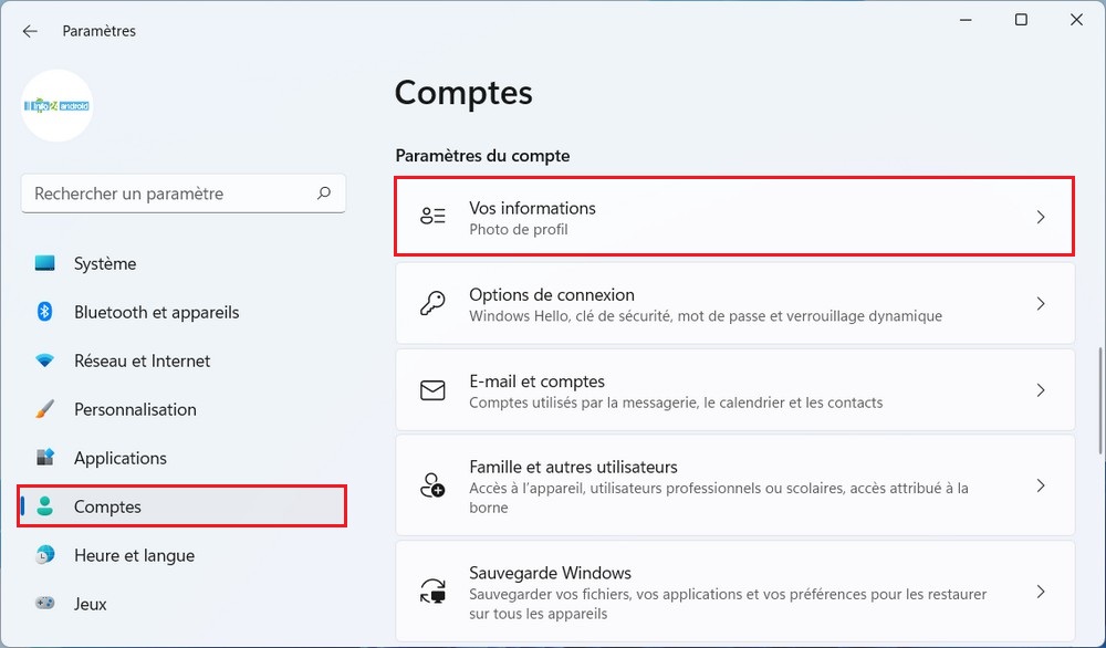 Sélectionnez l'onglet Vos informations