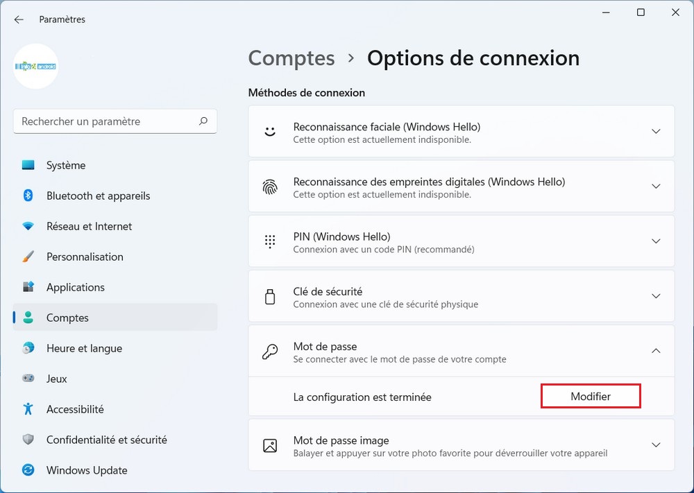 Modifier le mot de pass Windows