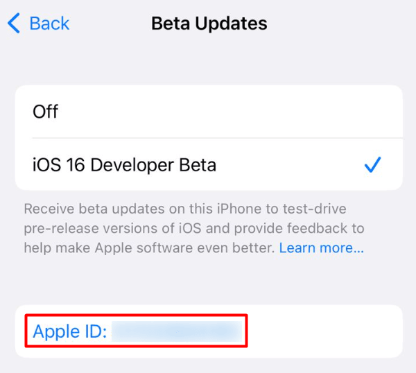 Click on Apple ID to change for Beta program