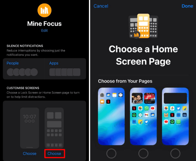 Select the home screen for a focus mode in iPhone