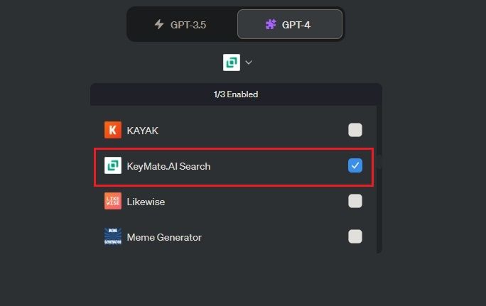 enable keymate.AI search plugin on chatgpt