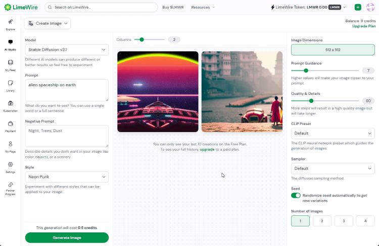 LimeWire AI Image Generation interface