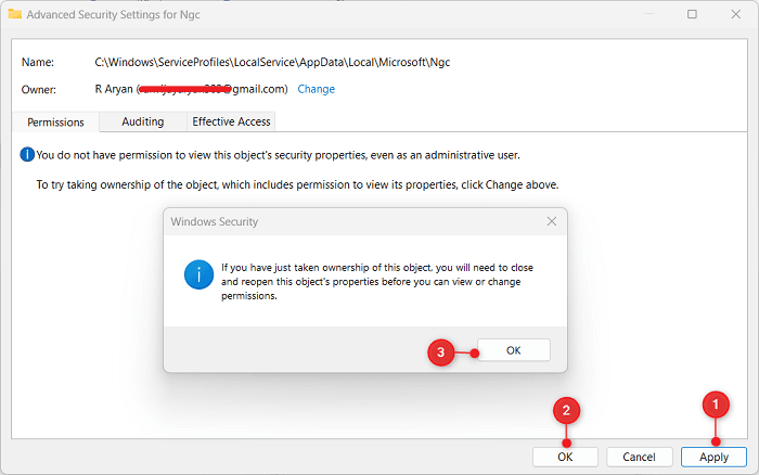 Confirm Windows Security allowing a user profile to have ownership rights