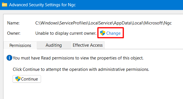 Click Change and modify Owner rights for Ngc