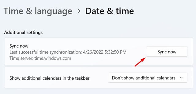Sync now Date and Time in Windows 11