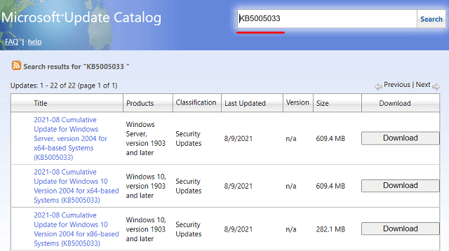Microsoft Update Catalog - KB Search