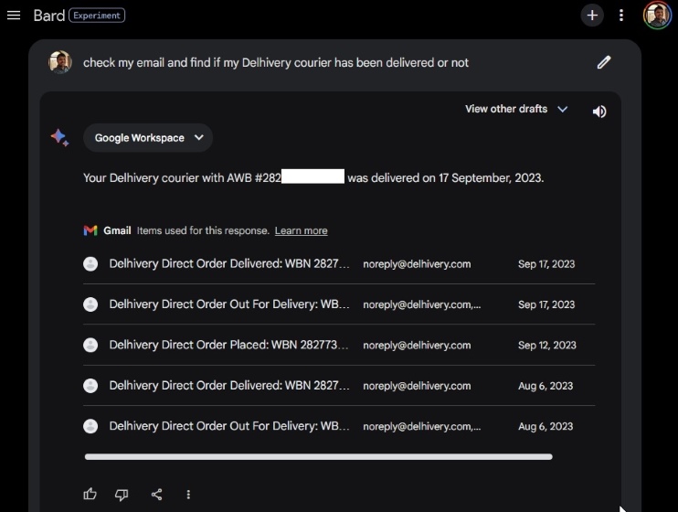 Bard accessing Gmail and showing information