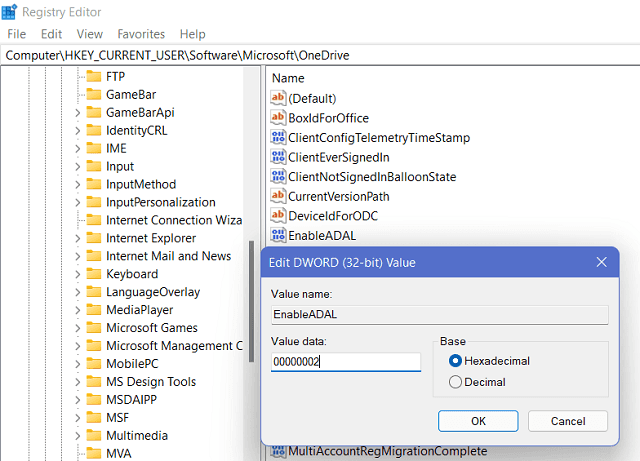 OneDrive Error 0x8004deb4 - Modify EnableADAL