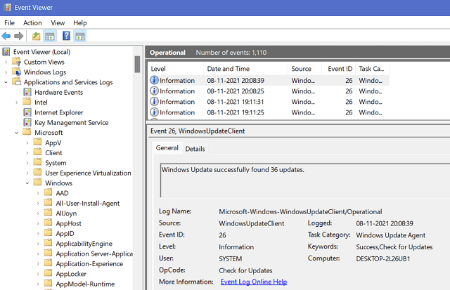 Windows update log files - operational