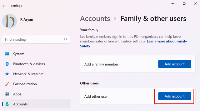 Add other users under Accounts - Windows 11 Start Menu Not Working