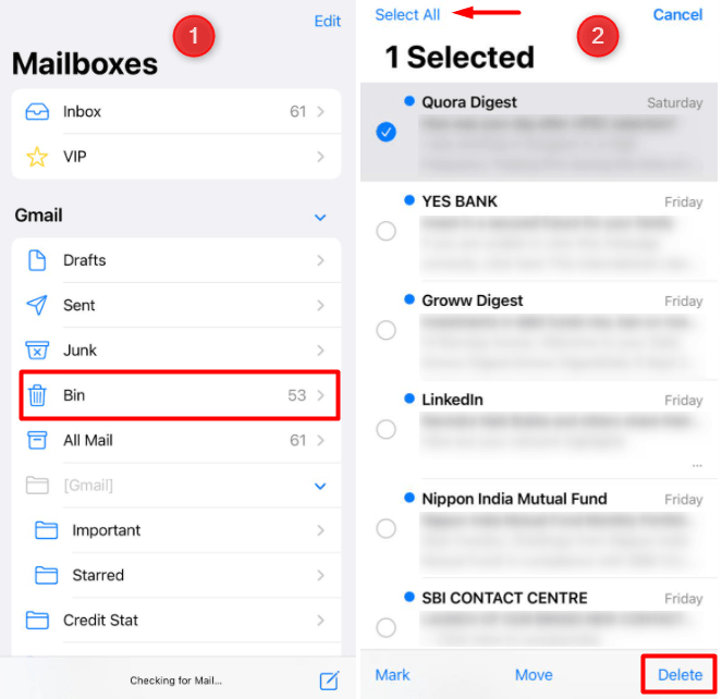 Remove mails from trash on iPhone