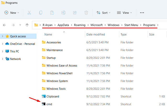 Move the Clipboard Shortcut inside the Programs folder - Clear Clipboard History Data on Windows 11