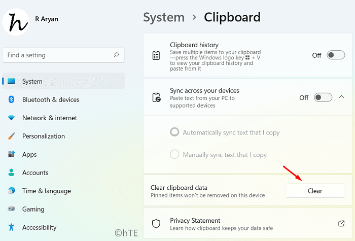 Clear Clipboard Contents via Settings