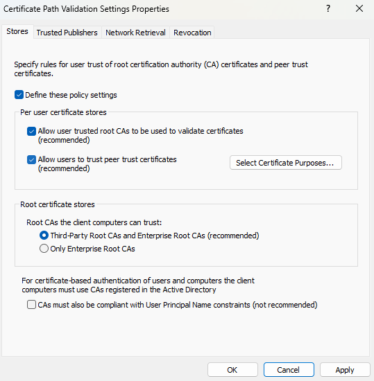 Allow users trusted root CAs and Enterprise Root CAs - Manage Trusted Root Certificates