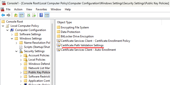 Open Certificate Path Validation Settings - Manage Trusted Root Certificates