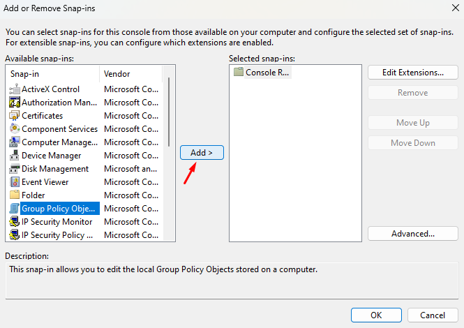 Add Group Policy Object under Add or Snap-ins