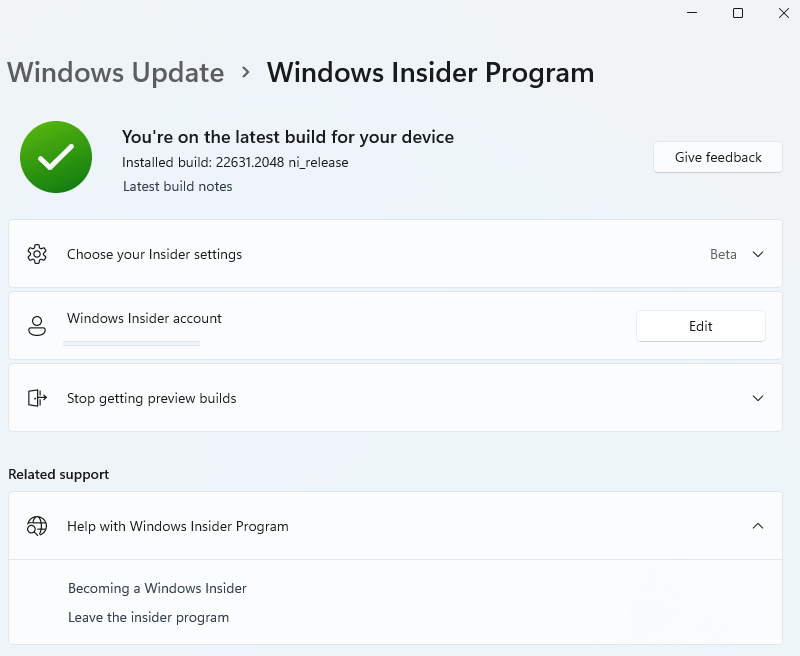 Windows Insider Program in version 23h2