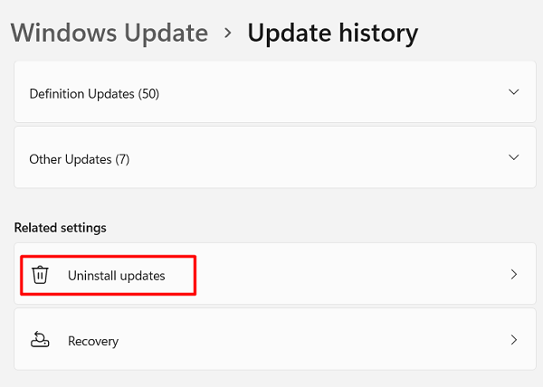 Uninstall updates on Windows 11
