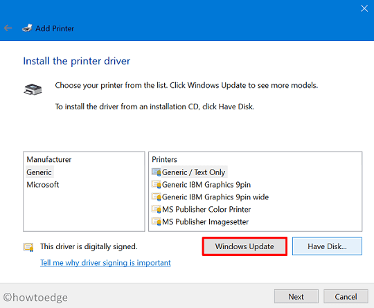 Add Printer - Windows Update