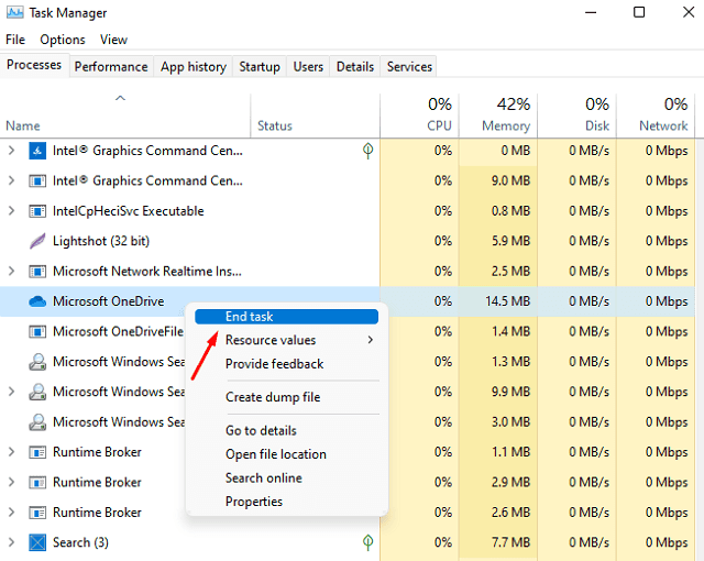 End OneDrive via Task Manager