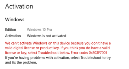 Fix Windows 10 Activation Error failed Error 0x803F7001